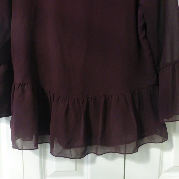 LE CHATEAU burgundy semi-sheer ruffle chiffon v-neck 3/4 sleeve blouse - Picture 8 of 9